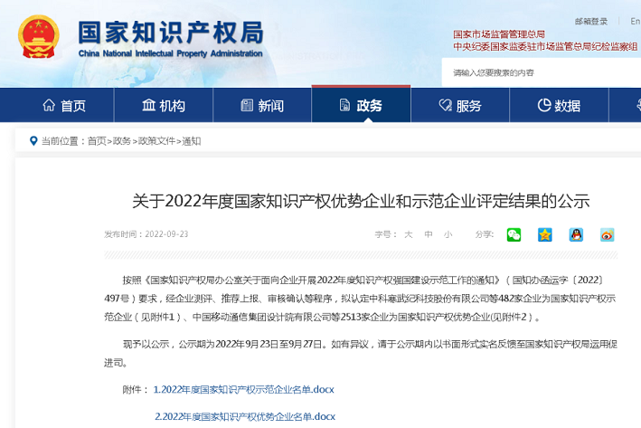 公海赌船710入选“2022年度国家知识产权优势企业”榜单